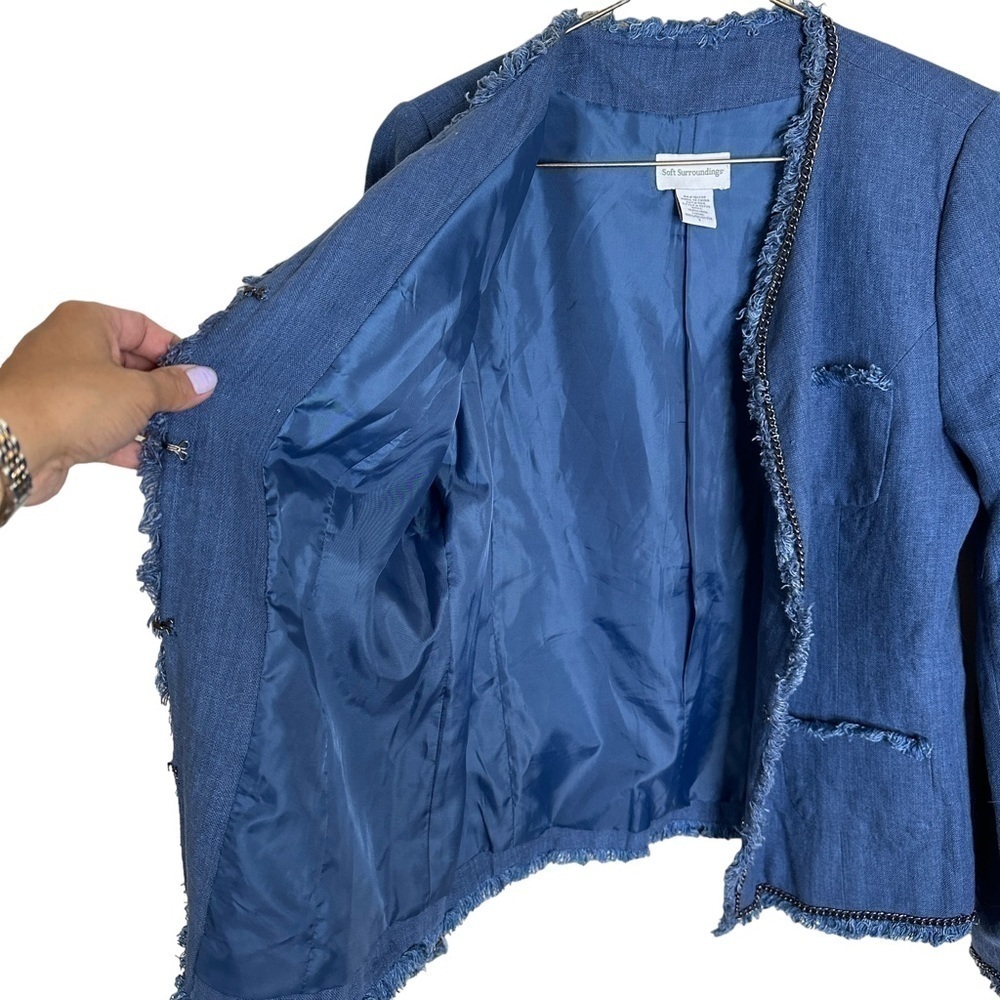 SOFT Surroundings Blue Linen Chain and Raw Fringe Hem Jacket Women’s Size Small - Picture 8 of 13